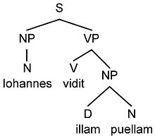 An educational diagram displaying the syntax of the Latin sentence 'Iohannes vidit illam puellam' with nodes representing John, sees, and girl, aiding in understanding language structure.