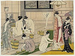 Onna yu (women's bath) (c. 1780–1790), colour woodcut by Torii Kiyonaga