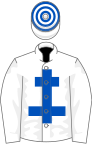 WHITE, royal blue cross of lorraine, hooped cap