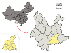红河州的地理位置（黄色部分）