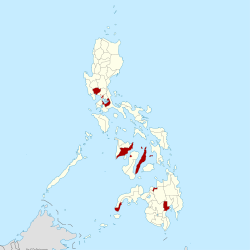 Map showing the 13 localities (provinces, cities or municipalities) in red deemed viable home venues for prospect clubs of the Philippines Football League