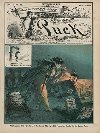 图为1881年《顽童杂志》封面。图中正义女神正在为刺杀美国总统詹姆斯·加菲尔德的查尔斯·J·吉特奥寻找中立的陪审员。