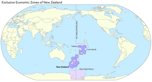 Exclusive economic zones of the Realm of New Zealand, including the Ross Dependency (shaded).