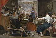 委拉斯开兹的《阿刺克涅的预言（英语：Las Hilanderas (Velázquez)）》，220 × 289cm，约绘于1657年，1819年收入，自18世纪起成为王室收藏，来自佩德罗·德·阿尔切（Pedro de Arce）的收藏[71]