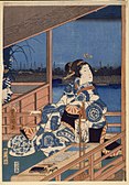 Moonlight View of Tsukuda with Lady on a Balcony