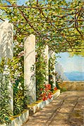 Mit Wein und Blumen bewachsene Pergola über dem Meer by Clara Lobedan, 1898