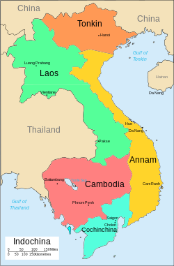 柬埔寨保护国（红色）在法属印度支那的位置