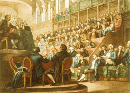 Louis XVI makes his plea at his trial, in the Salle du Manège, or riding school in the gardens, 26 December 1792