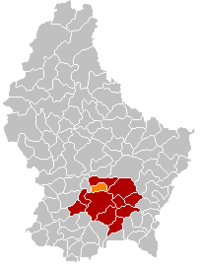 瓦尔弗当日在卢森堡地图上的位置，瓦尔弗当日为橙色，卢森堡县为深红色