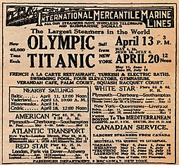 1912年4月10日，白星航运刊登在《纽约时报》的客运广告，泰坦尼克号预计4月20日离开纽约进行它的第一次东向航程