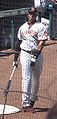 Barry Bonds preparing for the bat. Rumors has it that he will move to one of AL teams because of knee injuries.