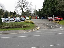 A view of the Lido Park entrance at Droitwich, with the car park and Worcester Road in front