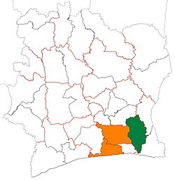 Location of La Mé Region (green) in Ivory Coast and in Lagunes District