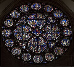 Plate tracery, Lincoln Cathedral "Dean's Eye" rose window (c. 1225), in French terms Classic Gothic