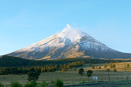 The summit of Volcán Popocatépetl, a stratovolcano at the junction of Puebla, México State, and Morelos, is the second highest peak of Mexico.