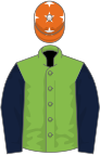 Light green, dark blue and light green hooped sleeves, orange cap, white stars