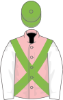 Pink, light green cross sashes, white sleeves, light green cap