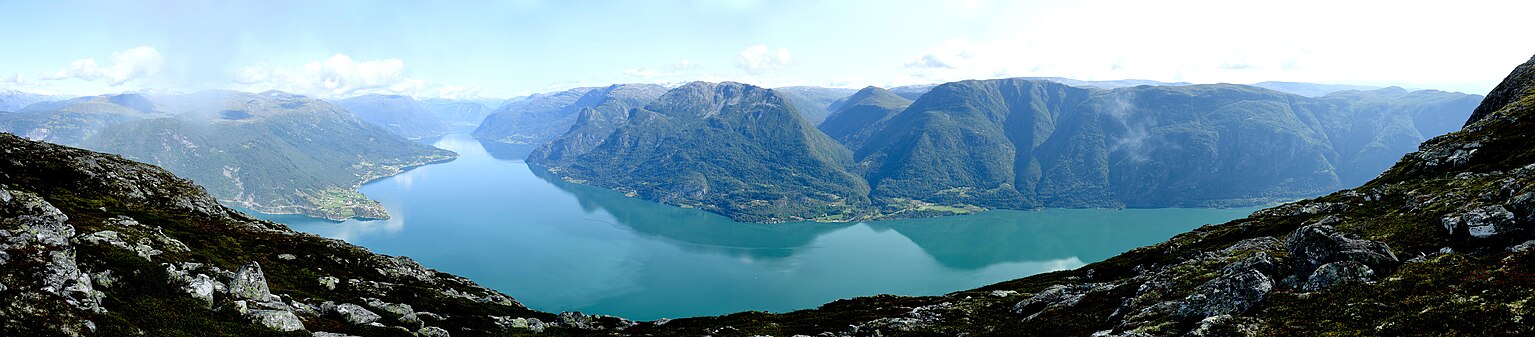 Panorama of Lustrafjord viewed from the mountain Molden