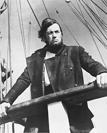 A black and white photograph of Peck as Captain Ahab in Moby Dick.