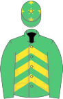 Emerald green,yellow chevrons, emerald green sleeves, emerald green cap, yellow stars