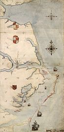 1584 map of Roanoke Colony, which was affected by several hurricanes