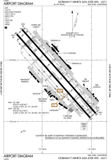 A map with a grid overlay showing the terminals, runways, and other structures of the airport.