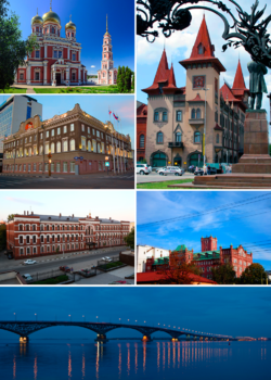 Top upper left: Pokrovskaya Church (Church of the Intercession of the Most Holy Theotokos) in Saratov, Top lower left: Saratov Administration Office, Top right: Saratov Conservatory, Middle left: Saratov Orthodox Theological Seminary, Middle right: Schmidt Mill, Bottom: A twilight view of Saratov Engels Bridge and the Volga