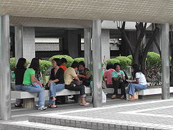Filipino domestic workers chatting outdoors on their day off