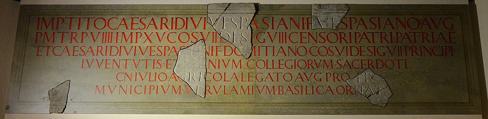 The reconstructed Verulamium Forum inscription is preserved in Verulamium Museum.