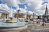 Trafalgar Square, showing a fountain in the foreground and the National Gallery