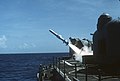 An RGM-84A Harpoon antiship cruise missile is fired from a Mark 11 launcher aboard the guided missile destroyer USS Lawrence