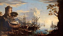 萨尔瓦托·罗萨（英语：Salvator Rosa）的《黄昏海岸》（Marina del puerto），234 × 395.5cm，约作于1641年[35]