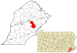 Location of East Bradford Township in Chester County (top) and of Chester County in Pennsylvania (below)