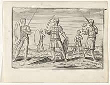 Late-16th-century print of five warriors with weapons