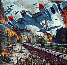 Cover art for Man's World, August 1961, depicting a de Havilland Mosquito raid