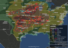 A map of the United States plotting tornado warnings and confirmed tornadoes during the May 19–27 period