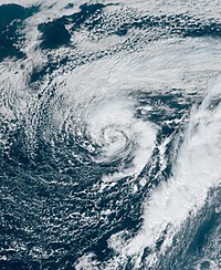 A satellite image of Subtropical Storm Wanda over the Atlantic Ocean on October 31, 2021.