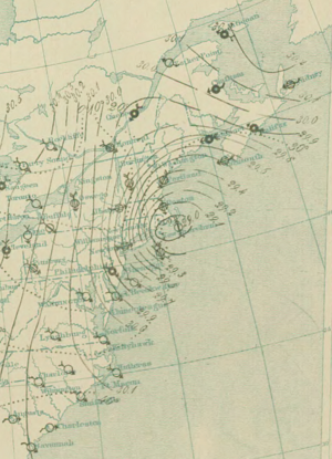 A weather map detailing a large storm near New England.