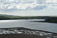 Campbeltown Loch and Campbeltown. Looking down from the top of Davaar. In the foreground is the Doirlinn, then the loch. On the western side of the loch is Campbeltown and beyond that Machrihanish Bay can be seen.