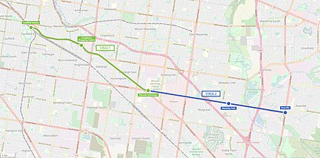 2018 State Government proposal for a new light rail line from Caulfield railway station to Chadstone, Monash University, Waverley Park and Rowville.