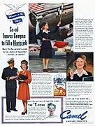 Women in the War cigarette ad showing a woman signalling civilian aircraft. The ad associates taking a "man's job" and smoking cigarettes like a man: "Co-ed leaves Campus to fill a Man's job. She's "in the service" -- even to her choice of cigarettes..."