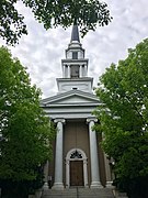 Entrance to the First Presbyterian Church (1856) in the Greek Revival style.