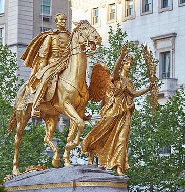 Equestrian statue of general William Tecumseh Sherman by the sculptor Augustus Saint-Gaudens accompanied by the allegorical figure Victory placed on Grand Army Plaza in New York City.