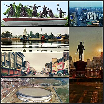 Anticlockwise from top left -Bettiah Raj mahal Saheed Park, Sagar pokhra and Shiv Mandir, Supriya Cinema road, Bettiah auditorium and Maharaja Stadium, Gandhi statue at Hariwatika Chowk, Aeria view of Station chowk.