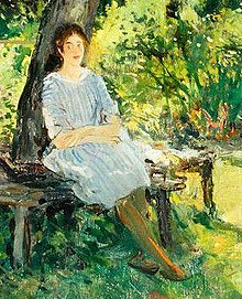 Oil painting of woman sitting under a tree
