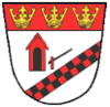 A shield, in the main white, with a red top border containing three crowns. At the centre, a red tollhouse and a line checkered in red and black.