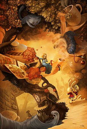 大卫·雷沃伊 (David Revoy) 的数字绘画《爱丽丝梦游仙境》(2010)。 它描绘了路易斯·卡罗《爱丽丝梦游仙境》中的几个角色：爱丽丝与火烈鸟（中），以及柴郡猫、扑克牌、疯帽客、睡鼠、白兔和智虫。
