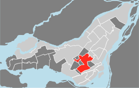 Location of Côte-des-Neiges–Notre-Dame-de-Grâce on the Island of Montreal. (Grey areas indicate demerged municipalities).