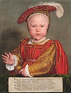 小汉斯·霍尔拜因的《孩童时期的爱德华六世》（Edward VI as a Child），56.8 × 44cm，约作于1538年，山缪·亨利·卡瑞斯购自汉诺威王朝的收藏。[30]