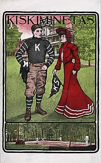 Poster showing a Kiski football player and a young woman on campus; tennis players in bottom drawing